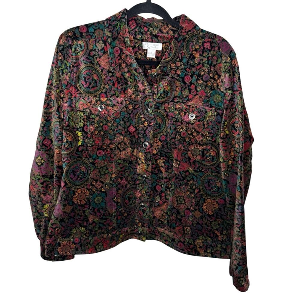CHRISTOPHER & BANKS / vintage multicolored floral cottagecore velvet jacket / XL